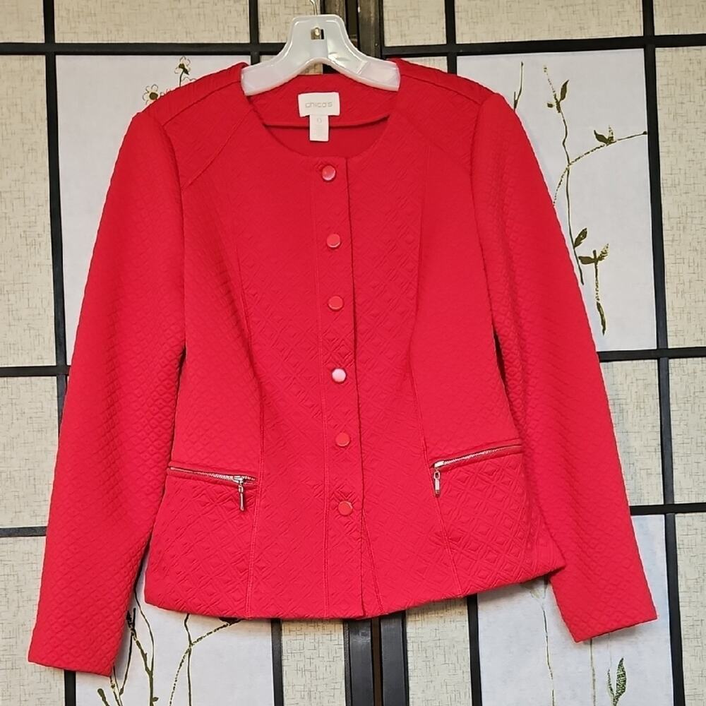 Chico's Red Fitted Blazer with Textured Fabric